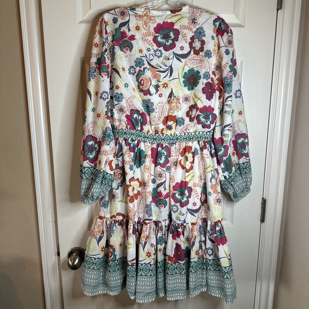 Kaktus Floral Bead Trim Tiered Dress Small Multi Boho Mini Balloon Slv - Picture 3 of 9